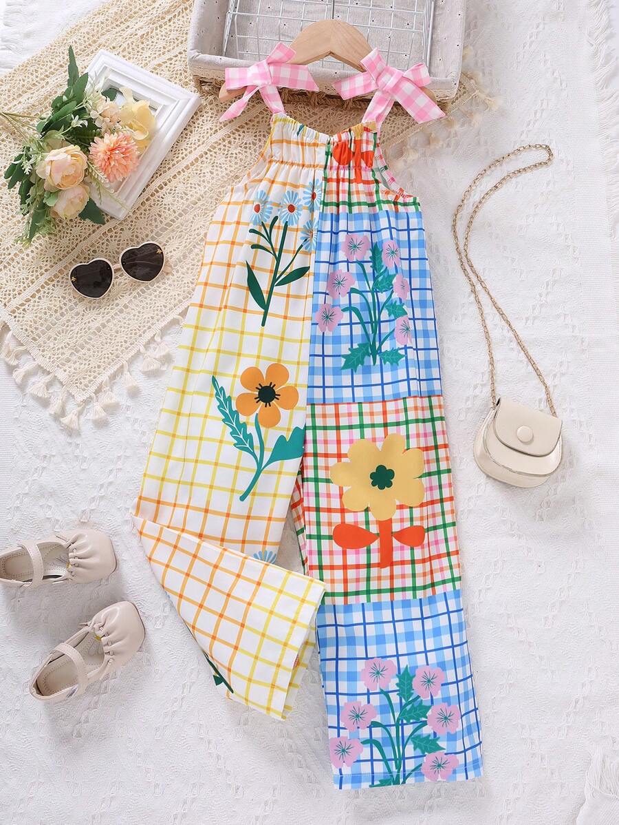 SHEIN Young Girl Floral & Plaid Print Tie Shoulder Cami Jumpsuit - Multicolor - View 1