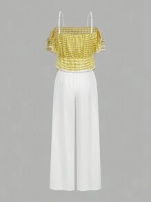 Teen Girl Elegant Summer Ruffle Hem Cami Top And Long Pants Set - Yellow - View 2