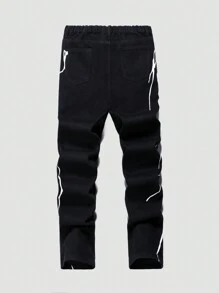 SHEIN Jeans casuales de mezclilla negra para adolescentes con estilo de patrón de rayos impresos en agua y lavado recto con piernas holgadas