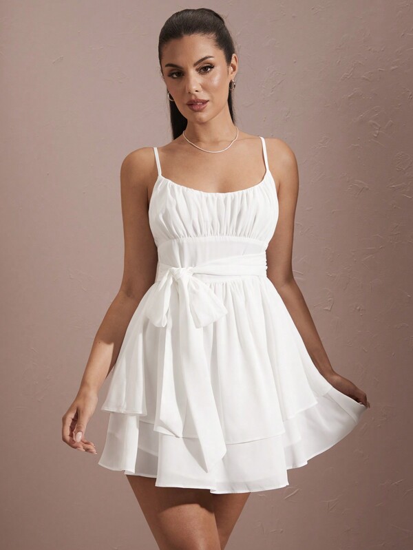SHEIN BAE Summer White Double-Layered Dress With Waist Ties, Bow Knots, And Graduation Style For Women Short Cami Dress