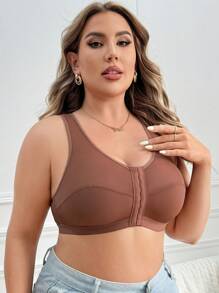 Plus Size Women Front Closure Wireless Bra, Single Pack Lingerie - Mocha Brown - View 5