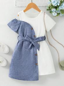 SHEIN 年轻女孩休闲不对称牛仔拼布连衣裙，适合工作和日常穿着、度假、夏季、旅行 - 彩色 - 查看 1