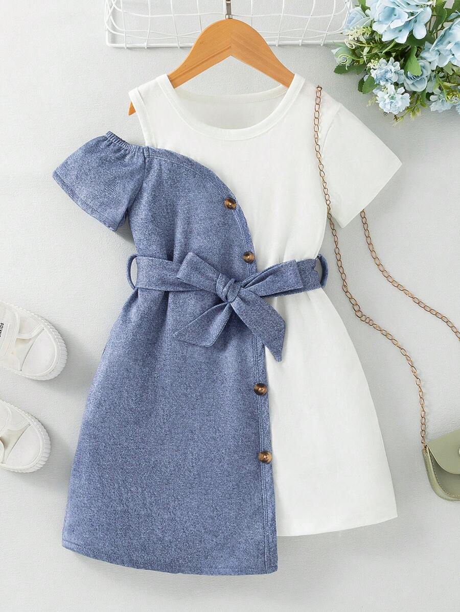 SHEIN 年轻女孩休闲不对称牛仔拼布连衣裙，适合工作和日常穿着、度假、夏季、旅行 - 彩色 - 查看 1