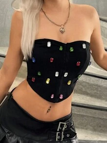 SHEIN ICON 夏季性感手縫鑲嵌水晶扣管頂 - 黑色 - 查看 1