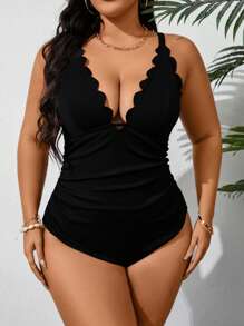 Swim Lushoire Plus Size Summer Beach Solid Color One-Piece Swimsuit With Scalloped Edge, Perfect For Vacation - Black - View 5