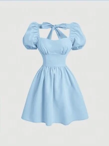 SHEIN MOD Solid Color Back-Tied Bowknot Women Short Bubble Sleeve Dress