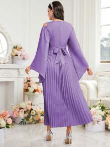 Modelyn Vestido de fiesta para mujer con brillo, cuello en V, pliegues y decoración de pedrería - Morado - Ver 2