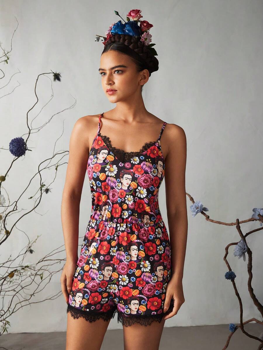 Frida Kahlo X SHEIN Contrast Lace Figure & Floral Printed Women Cami Romper - Multicolor - View 1