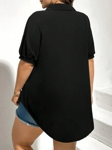 SHEIN Essnce 大码女式夏季休闲宽松 V 领黑色宽松衬衫、夏季女装、黑色上衣、教师衬衫、女式工作衬衫、夏季衬衫、女式衬衫、妈妈服装、夏季上衣、飘逸衬衫、夏季服装、黑色衬衫 - 黑色 - 查看 3