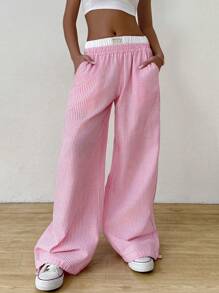 SHEIN EZwear 女性休閑彩色條紋寬腿褲，帶彈性腰帶 - 粉色 - 查看 1