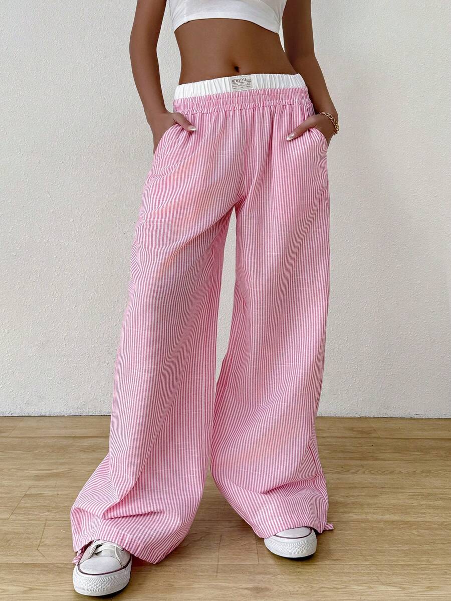 SHEIN EZwear 女性休閑彩色條紋寬腿褲，帶彈性腰帶 - 粉色 - 查看 1