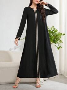 Al Najma Women Loose Elegant Arabesque Dress With Splicing Woven Belted Long Sleeves, Under Abaya Inner Dress, Modest Full Length Jalabiya
