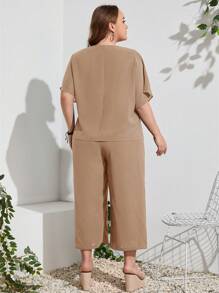 EMERY ROSE 大碼女士夏季純色圓領蝙蝠短袖上衣和寬鬆寬腿褲2件套 - 卡其色 - 查看 2