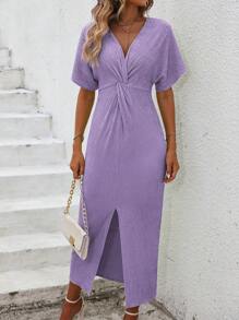 SHEIN Clasi 純色紋理蝙蝠袖連衣裙，前結繫與分裂縫設計，適用於度假 - 淡紫色 - 查看 7