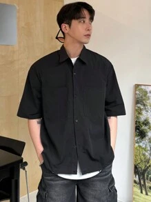 DAZY Camisa de manga corta para hombre de unicolor con botones frontales y cuello con solapa para el verano