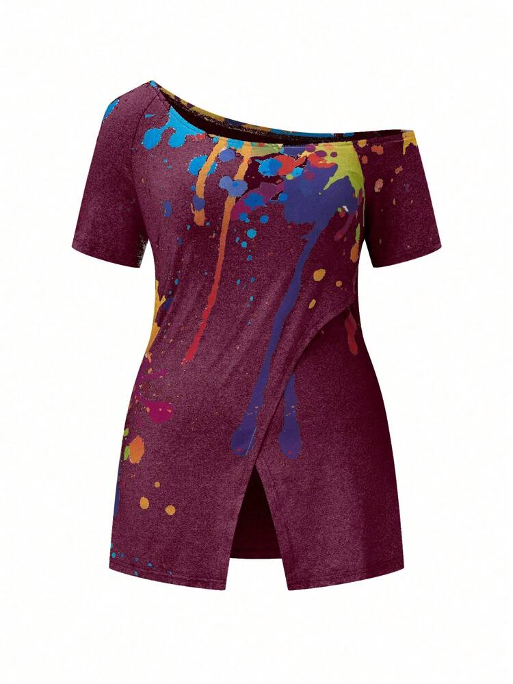 Plus Size Women Fashionable Colorful Graffiti Print Short Sleeve Top And Shorts Set