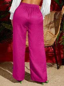 Travachic Solid Drawstring Waist Wide Leg Summer Black Pants - Hot Pink - View 2