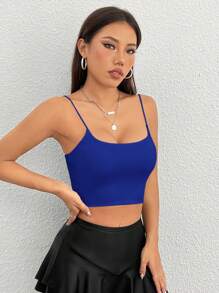 SHEIN PETITE 女性夏季休閒實色修身款短款背心 - 藍色 - 查看 7