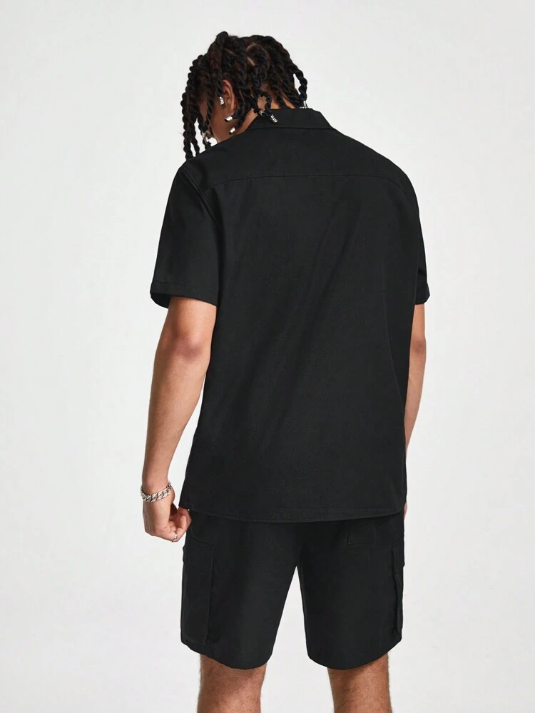 Men Zipper Pocket Design Casual Short Sleeve Shirt And Shorts Set For Spring Summer, I Love My Boyfriend, Fashion, Boyfriend Gift, Rave Outfit, Plain, Letter, Work