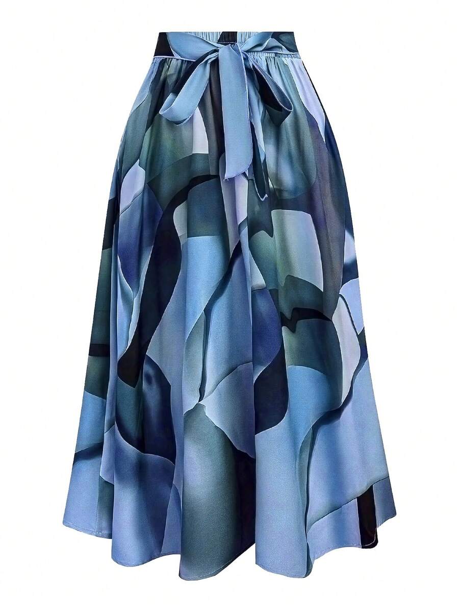Franclia Plus Size Women's Random Printed Tie Waist High Low Skirt - Blue - View 1