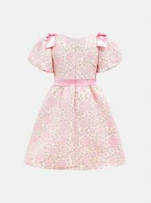 SHEIN Leap Crew 女童圓領花卉提花高腰連身裙,泡泡袖和蝴蝶結裝飾