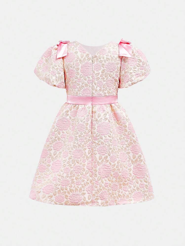 Tween Girls' Round Neck Floral Jacquard Empire Waist Dress With Puff Sleeves And Bow Decorations