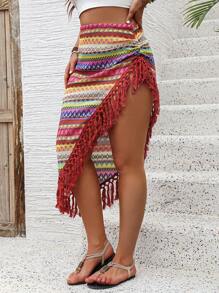 Breezaya 加大碼度假風條紋不對稱裙，附有拼色和流蘇邊緣 - 彩色 - 查看 3