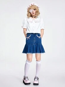 ROMWE Kawaii Women's Cute Bowknot Accent Denim Mini Skirt - Blue - View 2