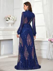 Women's Long Sleeve Sequin Modest Dress With V-Neckline Arabian Robe Style (Non-Placement Cut Flower) - Navy Blue - View 3