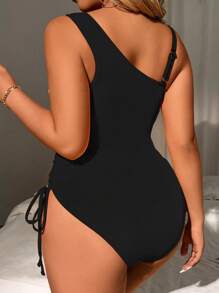 SHEIN Swim Curve 大尺碼不對稱領口側拉繩連體泳衣，沙灘服裝 - 黑色 - 查看 2
