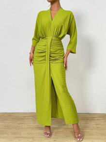 Calvaya Vestido con pliegues y cinturón de cintura para mujer con cuello en V a la moda