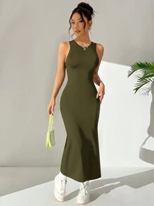SHEIN EZwear Vestido sin mangas sencillo y diario para mujeres de unicolor y espalda descubierta - Verde militar - Ver 3
