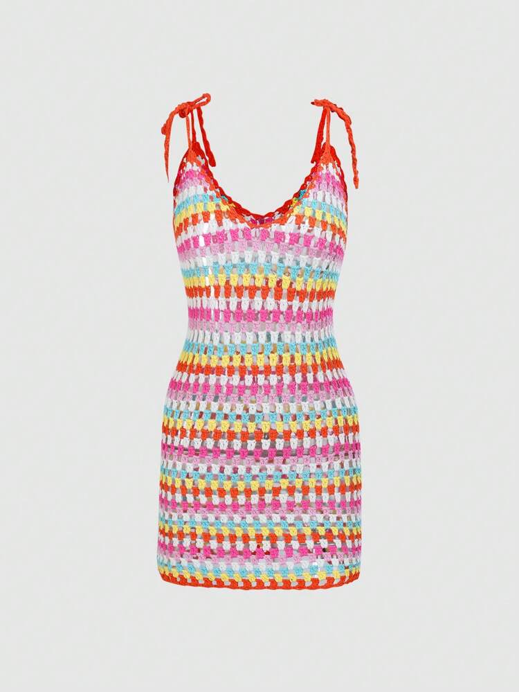 Sexy And Fashionable Hollow Knitted Striped Color Block Cami Sweater Dress