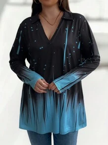 Calvaya Plus Size Women Spring/Summer Contrast Collar Long Sleeve Casual T-Shirt With Ink Printing Fall Cloth For Women - Multicolor - View 3