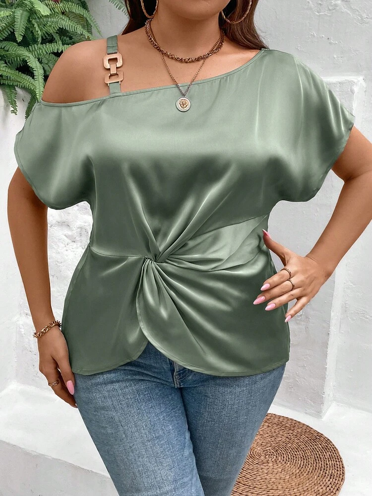 Plus Size Women Solid Color Simple Asymmetrical Collar Ruched Shirt