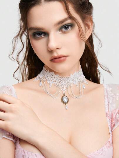 Fairycore Halskette Mit Spitzen-kettenanhänger Und Choker