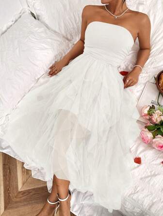 Rafferiza 女士纯色简约露肩网眼连衣裙，适合日常穿着，长款女士服装