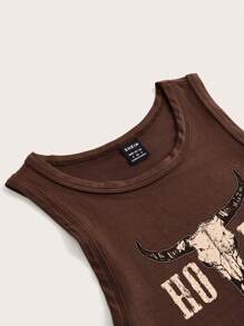 Muchica Western Cow Head Pattern Brown Round Neck Sexy & Casual Cropped Tank Top, Suitable For Summer Music Festival HODY Back To School - Coffee Brown - View 5
