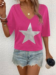 SHEIN LUNE Camiseta casual de verano para mujer con estampado de estrellas de cinco puntas, cuello en V y mangas cortas