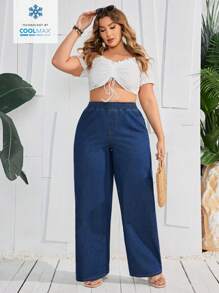 SHEIN VCAY Jeans casuales de pierna recta para el día a día, talla grande con cintura elástica de Coolmax