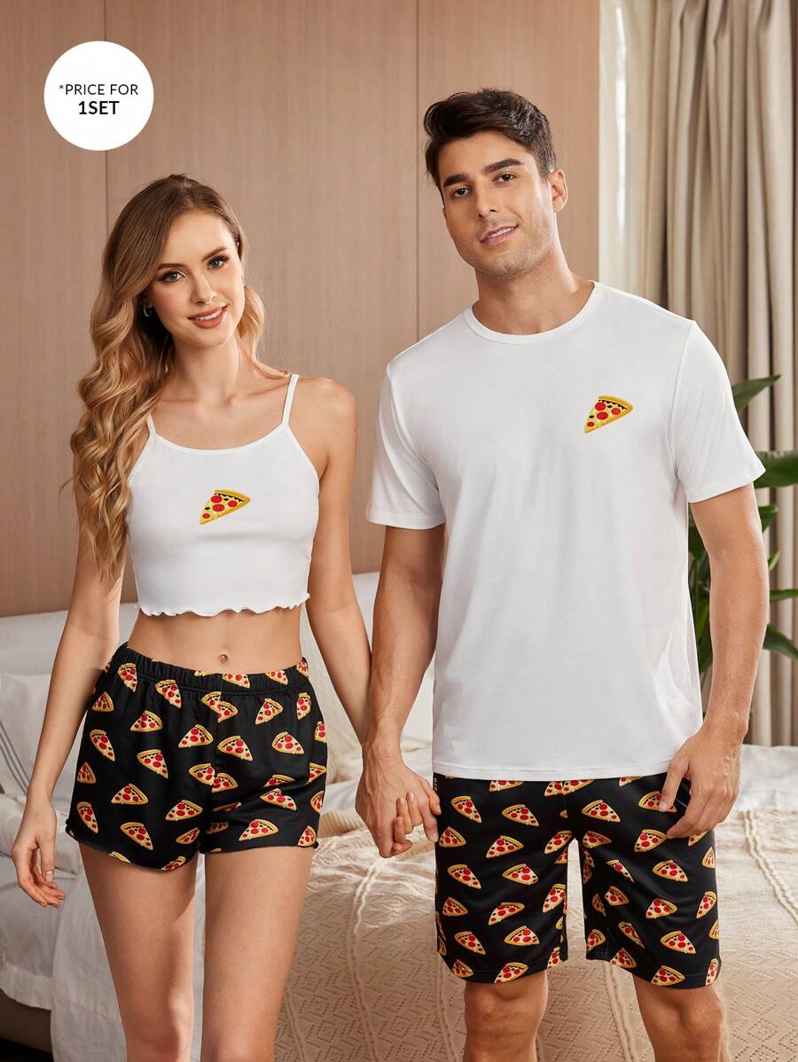 Men Pizza Print Short Sleeve White Top And Shorts Homewear Set - White - View 1