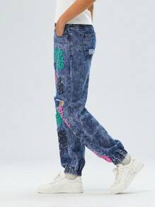 Teen Girl Cool Street Graffiti Slogan, Distressed Ripped Jeans With Frayed Hem, Faded And Snow Washed - Medium Wash - View 3