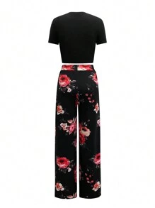 Selianne Women Summer Casual Solid Color Slim Fit Cropped T-Shirt And Floral Print Long Pants Two-Piece Set - Multicolor - View 2