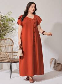 Seusyu Baju Arab Ukuran Plus Asimetris Tombol Depan Plain Anggun - Jeruk - View 5