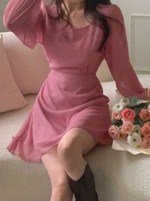 DAZY 女士时尚花卉印花腰带方领连衣裙、休闲女装、秋季连衣裙长袖连衣裙 - 玫紅色 - 查看 5