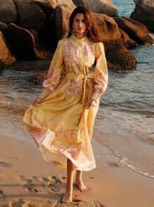 Anewsta Vestido largo de mangas largas con escote en V a la moda para damas con estilo de vacaciones y estampado - Multicolor - Ver 7