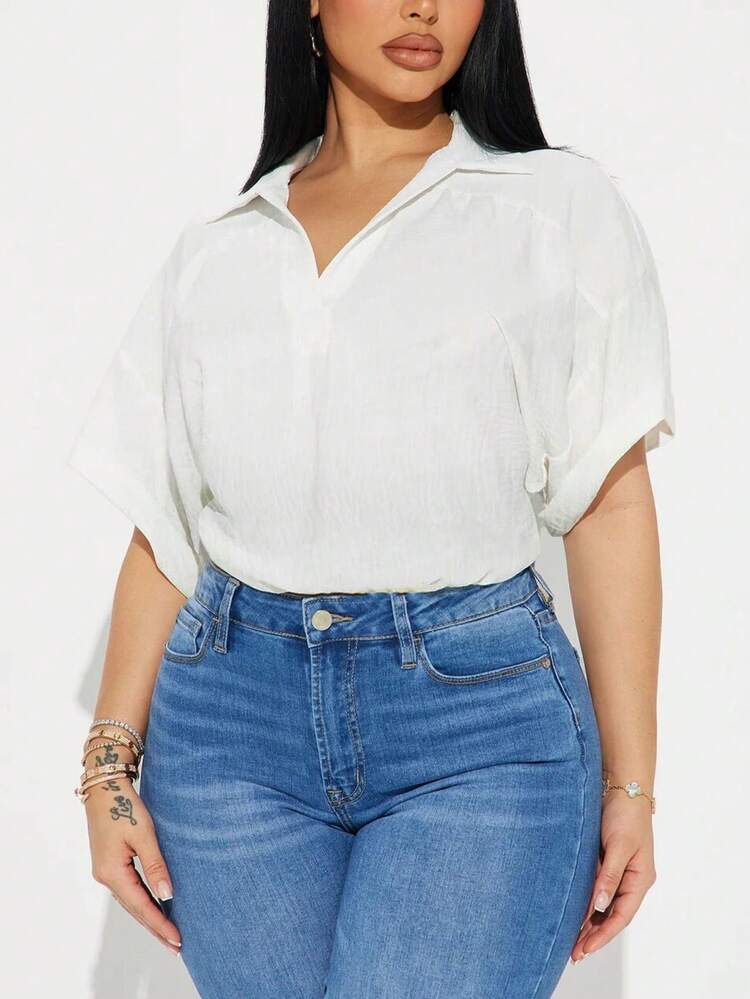 Women Summer Solid Color Batwing Short Sleeve Loose And Simple Shirt With Turn-Down Collar