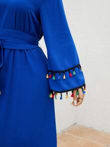 Mulvari Vestido De Talla Grande Con Decoración De Flecos, Cuello Con Muesca Y Mangas Acampanadas - azul real - Ver 5