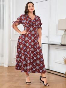 Mulvari Burgundy Red Plus Size Elegant Printed Cinching Waist Sleeve Cuff Gathered Dress For Spring/Summer - Burgundy - View 6