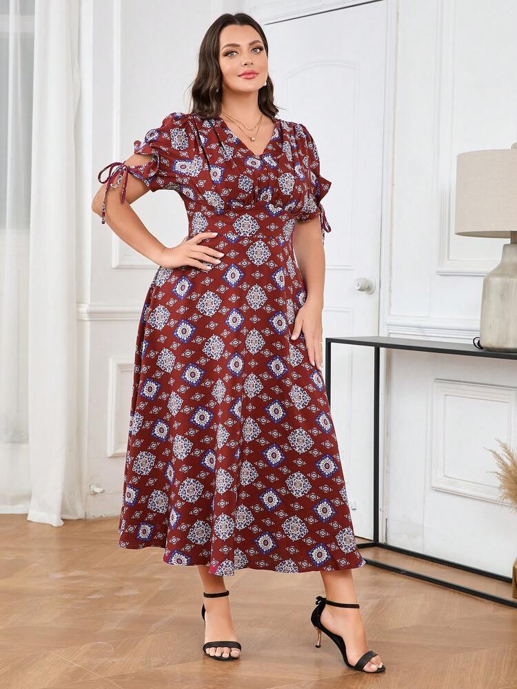 Burgundy Red Plus Size Elegant Printed Cinching Waist Sleeve Cuff Gathered Dress For Spring/Summer